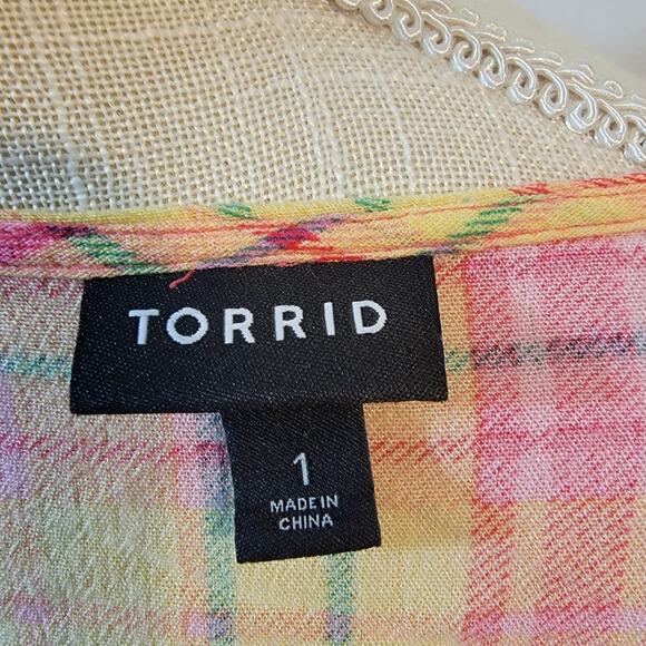 Torrid Smocked Crew Neck Blouse - Crinkle Gauze Plaid Yellow Size 1/1x - Picture 8 of 8
